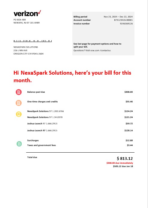 USA Verizon telecommunications business utility bill template in Word and PDF formats